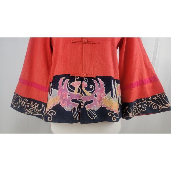 Vintage Boho Asian Festival Jacket Red Batik Dragon Pheonix Kimono Top Size M - Picture 2 of 10